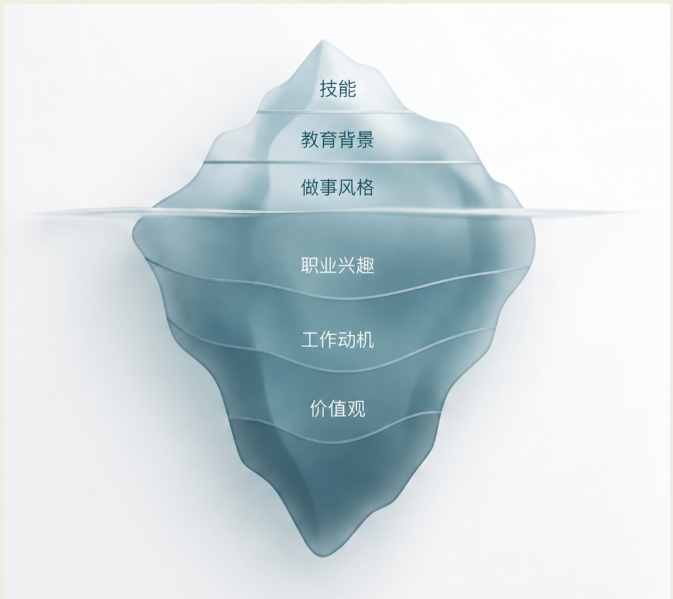 职业冰山模型：水上技能、教育背景、做事风格；水下职业兴趣、工作动机、价值观