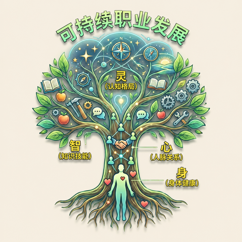 可持续职业发展四要素：灵（认知格局）、智（知识技能）、心（人脉关系）、身（身体健康）